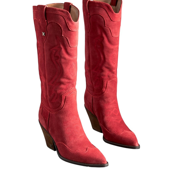 Sam Edelman NWT James Suede Western Boots in RED SCARLET in Sz 7, 8, 8.5 (W) - Picture 2 of 9